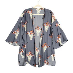 ALTAR'D STATE Gray Longhorn Cowgirl Open Front Kimono Cardigan SIZE LARGE